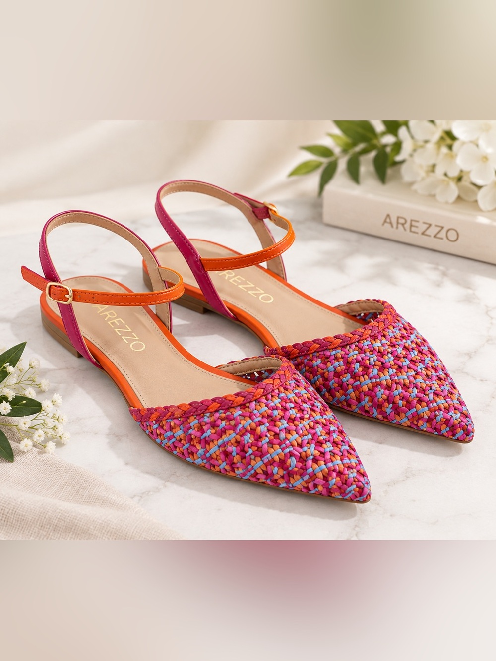 NWT AREZZO Multicolor Woven Pointed-Toe Slingback Flats